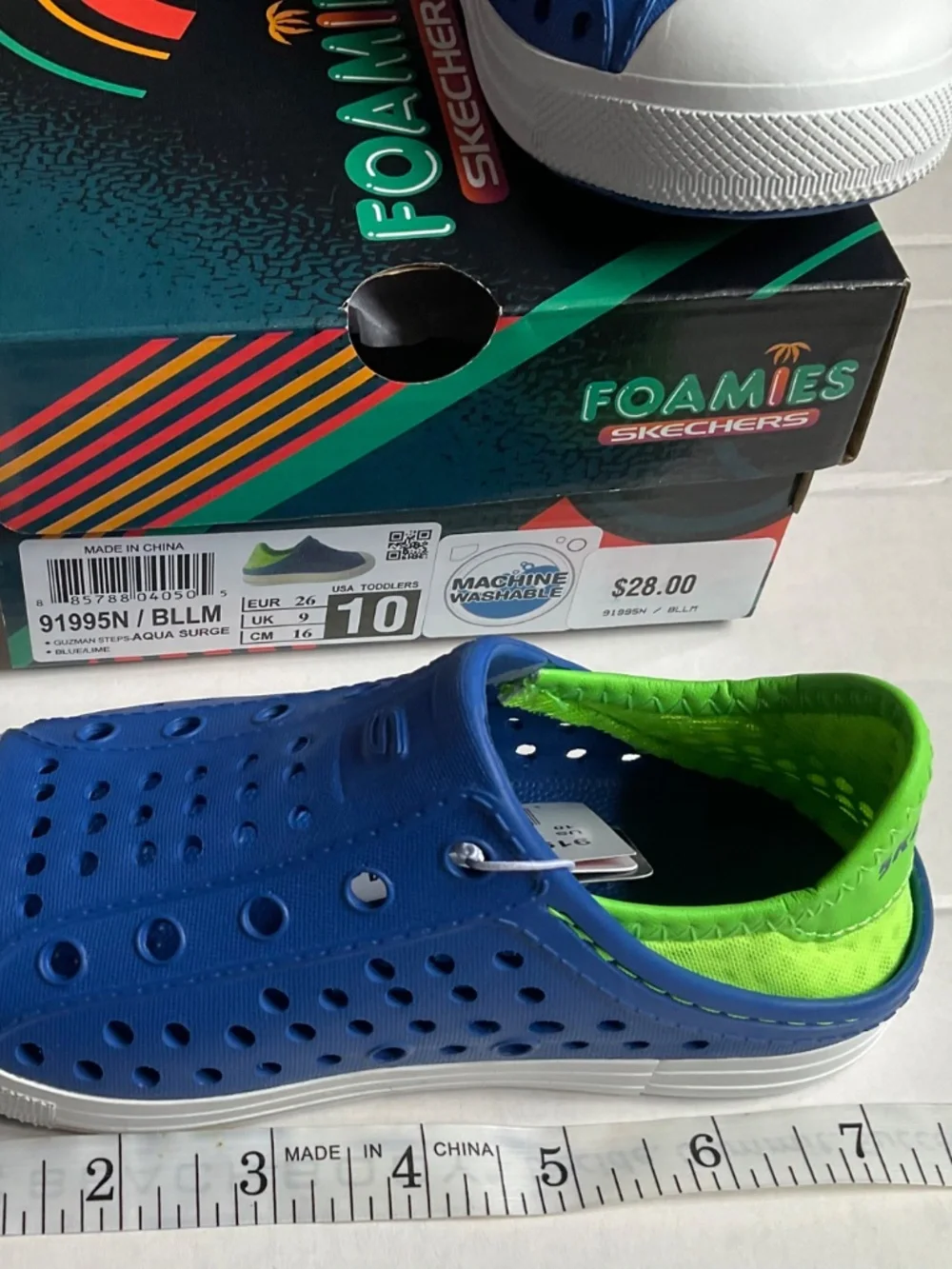 Unisex Toddler Skechers Foamies Guzman Steps Aqua 91995N Surge Blue/Lime Size 10